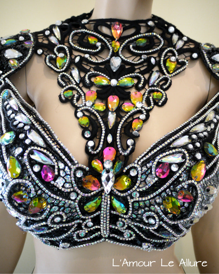Dark Rainbow Butterfly Fairy Costume Dance Rave Bra and Skirt