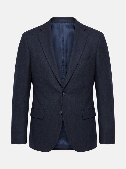 Slim fit navy men’s blazer with notched lapel and two-button closure.