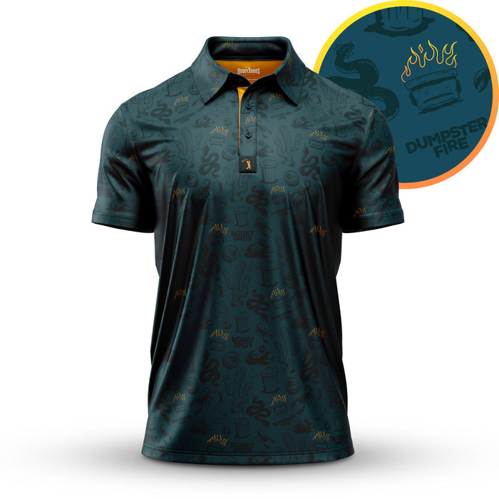 The Deep Trouble - Polo is a dark green, athletic fit shirt with subtle prints of flames, snakes, and trash cans. It features an orange inner collar and an inset showing a yellow flame over a trash bin with “DUMPSTER FIRE” in bold.