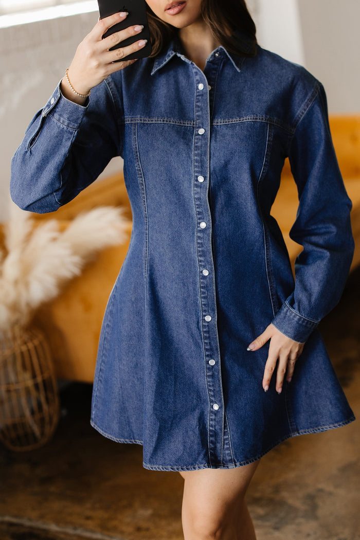 Denim Shirt Flared Dress - Dresses/Mini Dresses