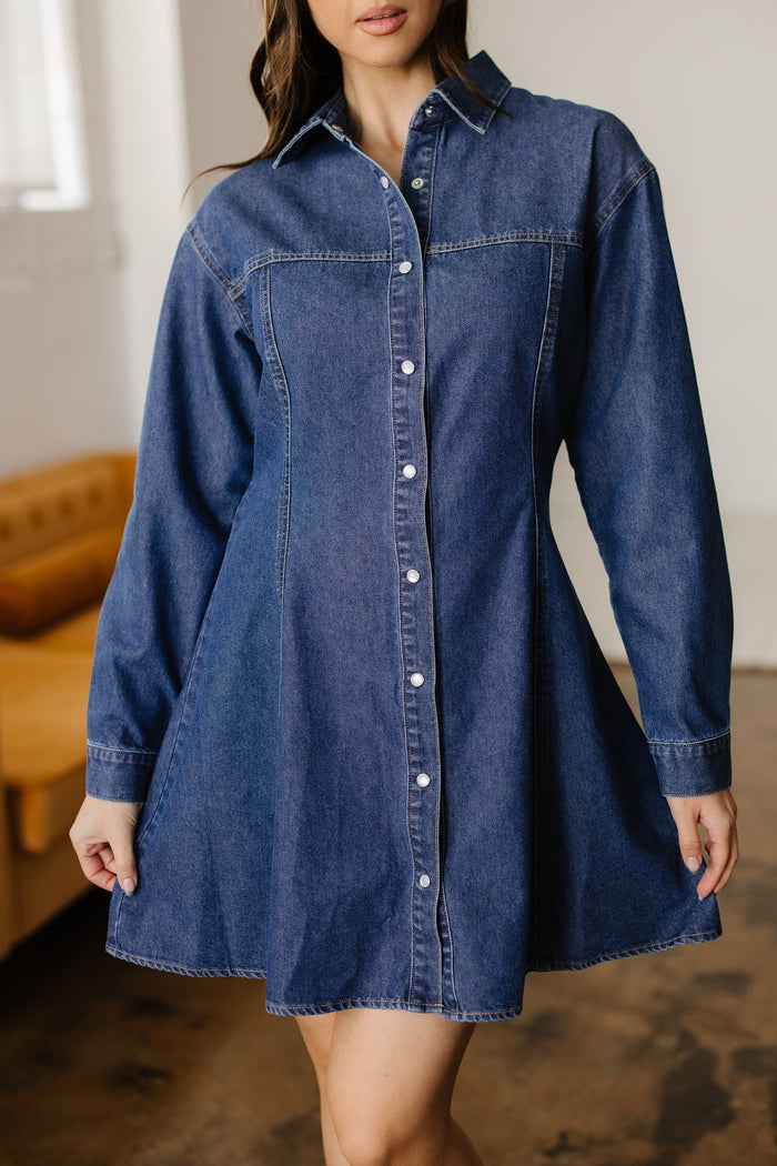 Denim Shirt Flared Dress - Dresses/Mini Dresses