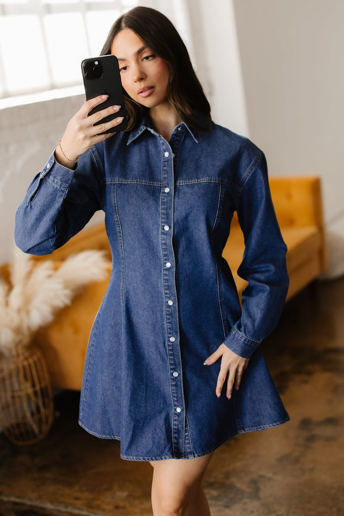 Denim Shirt Flared Dress - Dresses/Mini Dresses