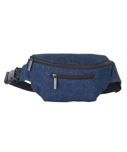 A blue denim youth fanny pack with an adjustable waist strap and a black zipper.