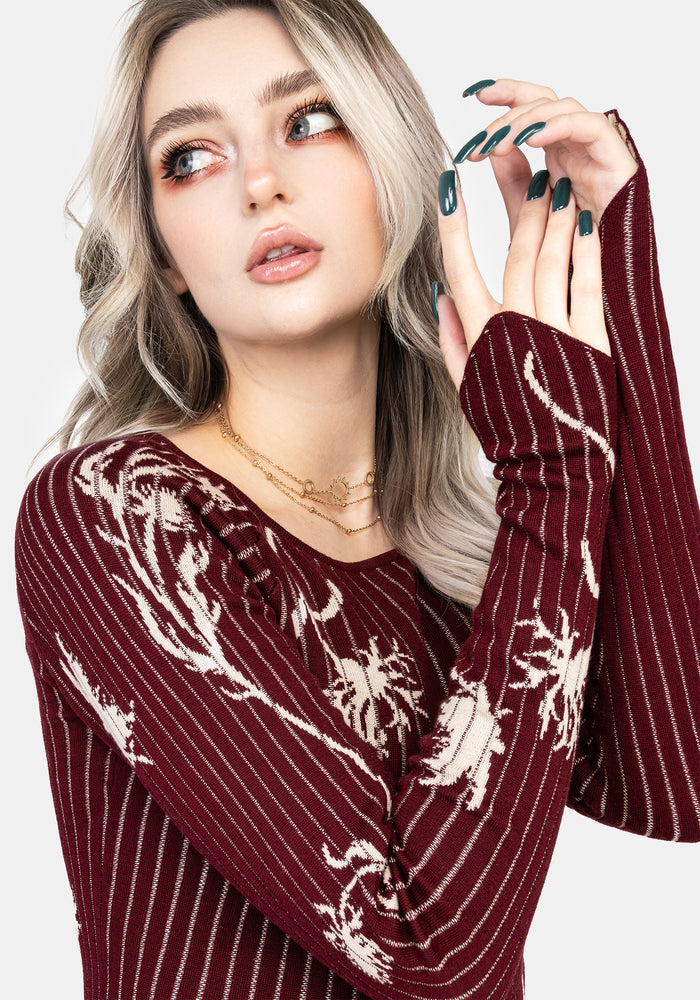 Diastella Floral Jacquard Rib Knit Raglan Sleeve Top - Red