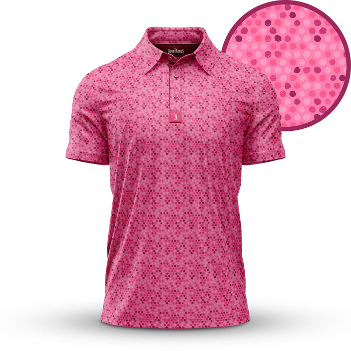 The Dots - Pink - Polo features short sleeves, a collar, an all-over pattern of small pink and purple circles, athletic fit, and moisture-wicking fabric. Displayed on a white background.