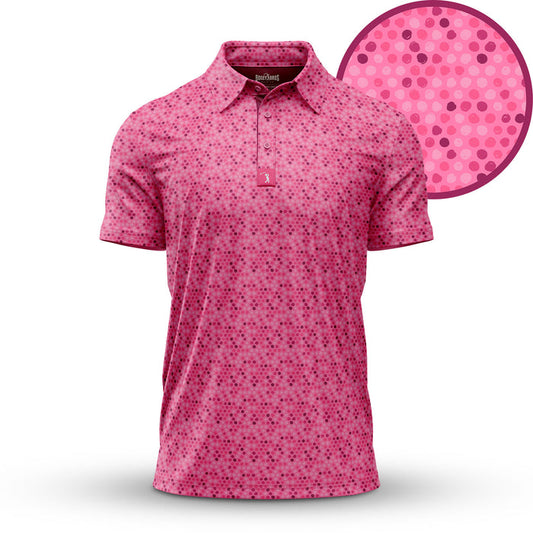 The Dots - Pink - Polo features short sleeves, a collar, an all-over pattern of small pink and purple circles, athletic fit, and moisture-wicking fabric. Displayed on a white background.