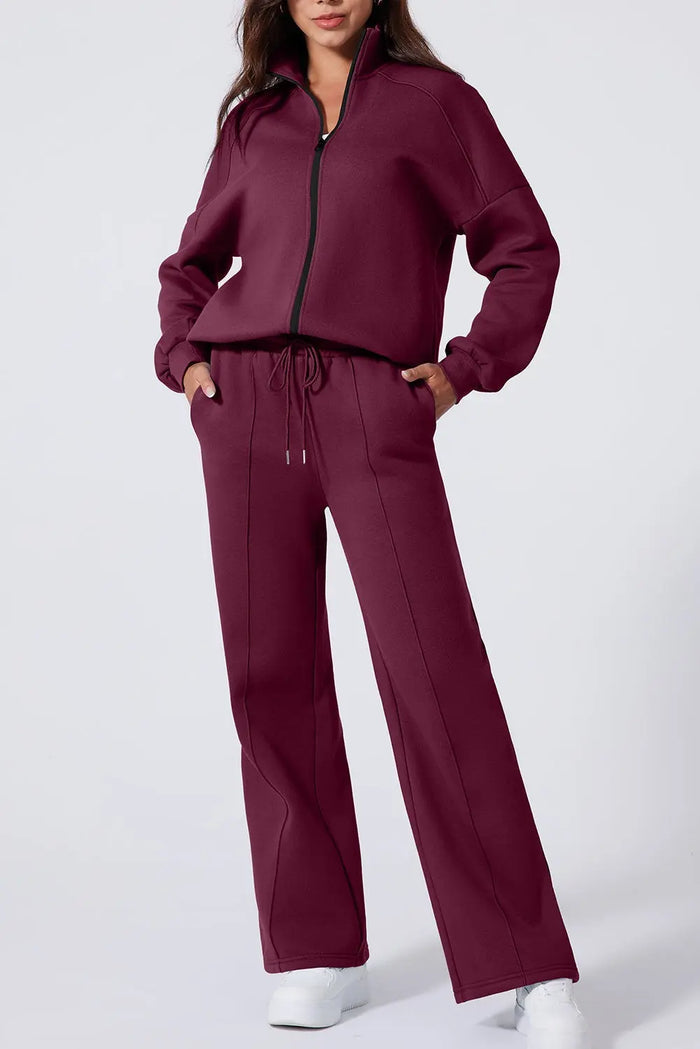Drop Shoulder Zip Up Jacket Drawstring Joggers Co-ord Set - Burgundy / S - Activewear/Activewear Sets