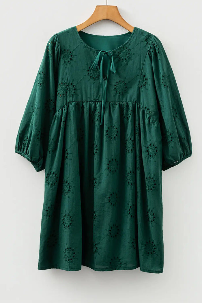 Embroidered Eyelet Pattern 3/4 Puffy Sleeve Swing Mini Dress - Dresses/Mini Dresses
