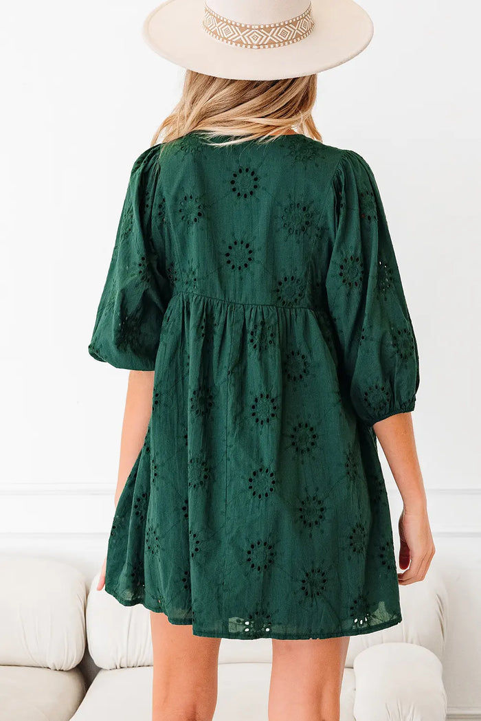 Embroidered Eyelet Pattern 3/4 Puffy Sleeve Swing Mini Dress - Dresses/Mini Dresses