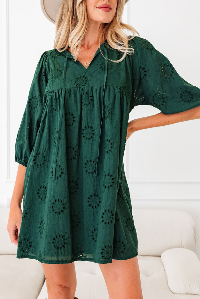Embroidered Eyelet Pattern 3/4 Puffy Sleeve Swing Mini Dress - Dresses/Mini Dresses