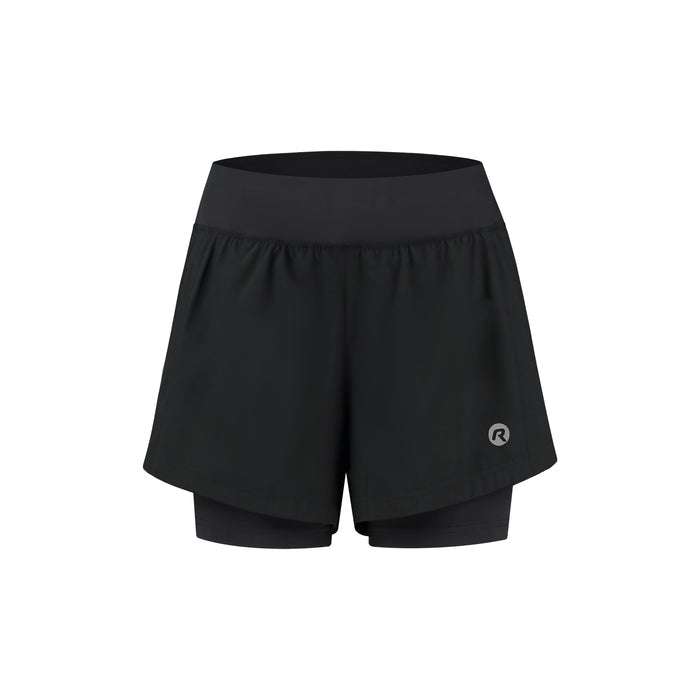 Rogelli Essential 2-in-1 korte hardloopbroek dames zwart voorkant.