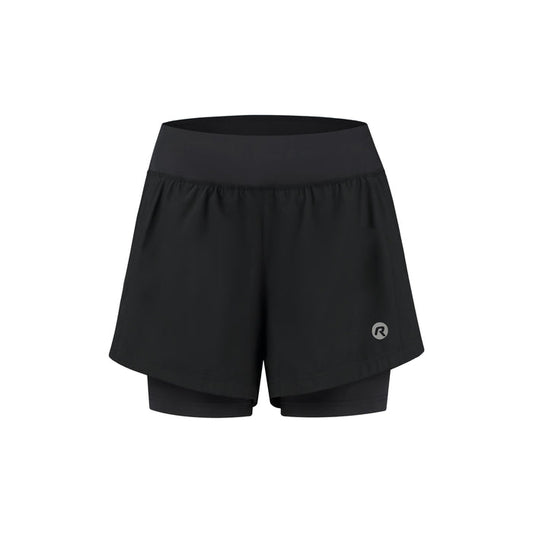 Rogelli Essential 2-in-1 korte hardloopbroek dames zwart voorkant.
