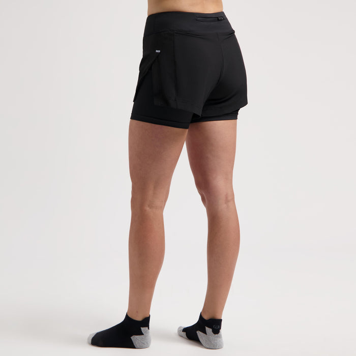 Rogelli Essential 2-in-1 korte hardloopbroek dames zwart gedragen achterkant.