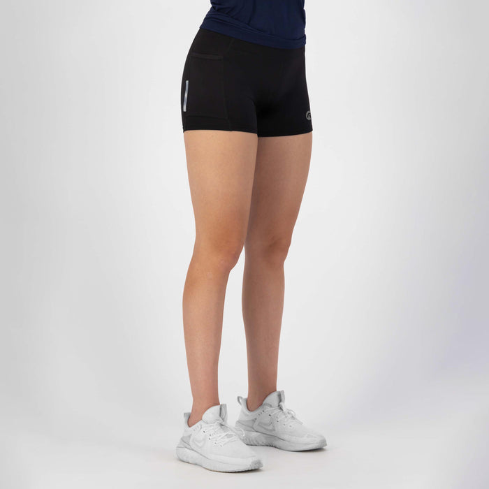 Rogelli Essential korte hardloopbroek strakke pasvorm dames zwart gedragen voorkant.