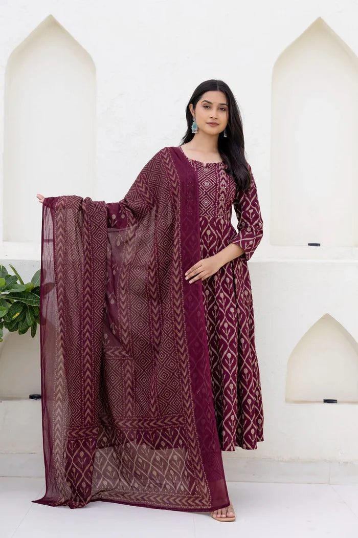 Ethnic Anarkali Suit Set with Hand-Block Print & Dupatta