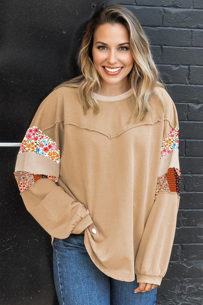 Exposed Seam Floral Mixed Patchwork Relaxed Plus Size Top - Size/Plus Sweatshirts & Hoodies