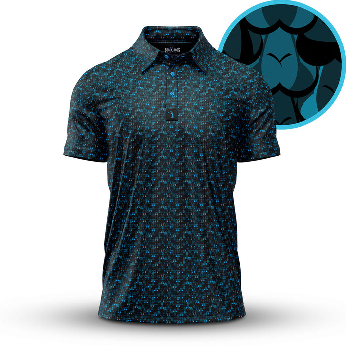 The Eyes Up Here - Zapped - Polo is a short-sleeve, collared shirt with an athletic fit. It features an all-over pattern of small blue shapes on black, highlighted by abstract overlapping scales or feathers in black and blue.