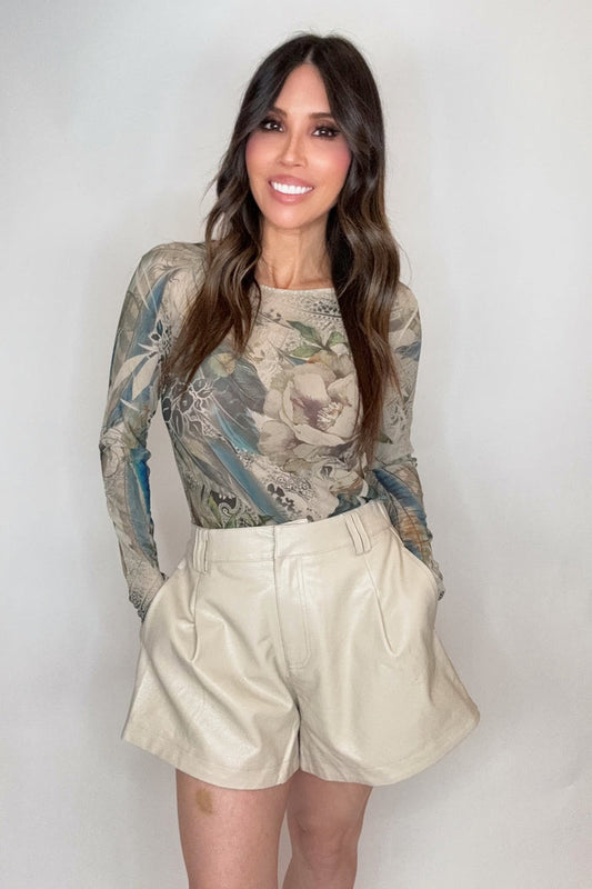 Style the Faux Leather Tan Elastic Waist Shorts exclusively at Born To Glam