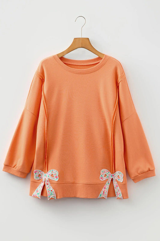 Floral Bow Patched Exposed Seam Oversized Sweatshirt - Tops/Sweatshirts & Hoodies