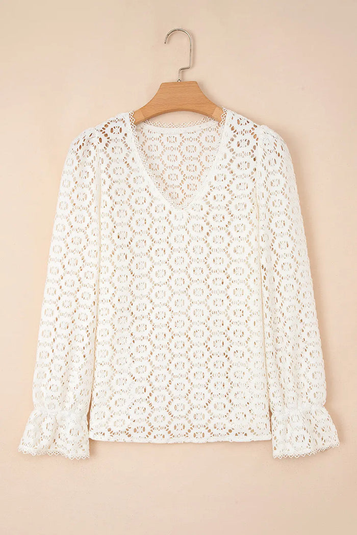 Floral Lace V-Neck Ruffled Sleeve Top - Tops/Blouses & Shirts