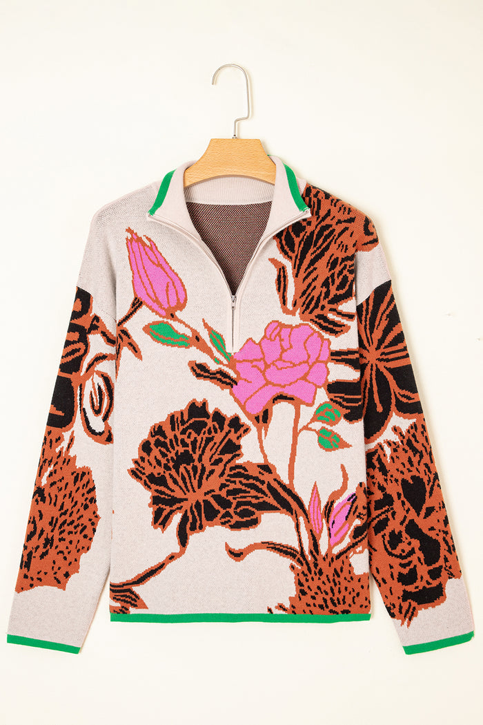 Floral Pattern Knit Quarter Zip Stand Neck Sweater - Sweaters & Cardigans/Sweaters