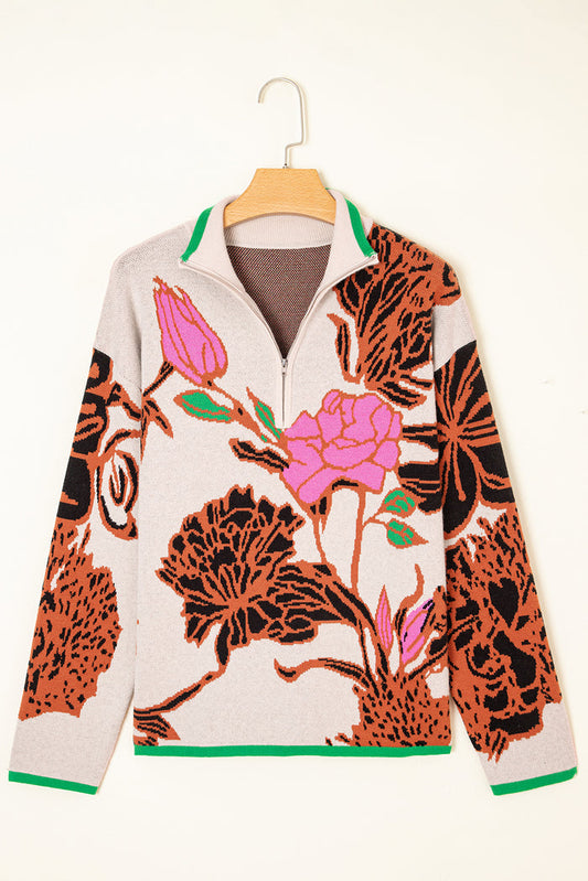 Floral Pattern Knit Quarter Zip Stand Neck Sweater - Sweaters & Cardigans/Sweaters
