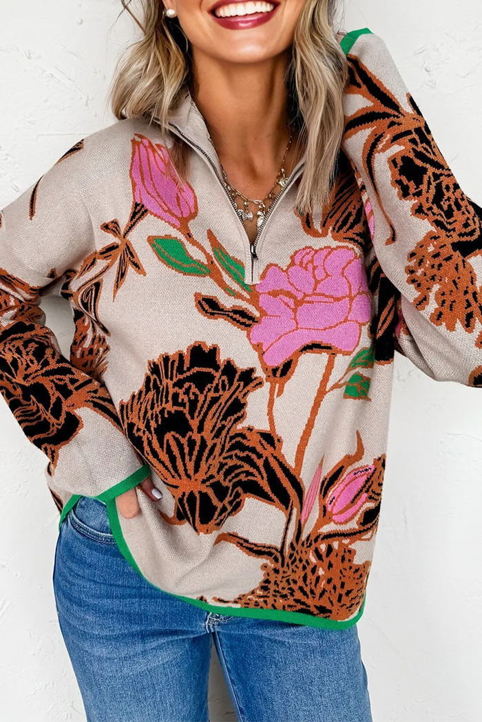 Floral Pattern Knit Quarter Zip Stand Neck Sweater - Beige / S - Sweaters & Cardigans/Sweaters