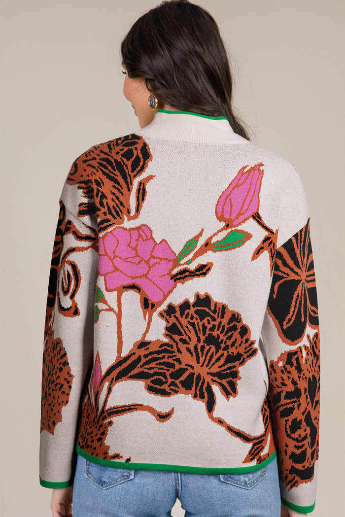Floral Pattern Knit Quarter Zip Stand Neck Sweater - Sweaters & Cardigans/Sweaters