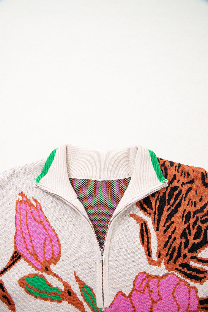 Floral Pattern Knit Quarter Zip Stand Neck Sweater - Sweaters & Cardigans/Sweaters