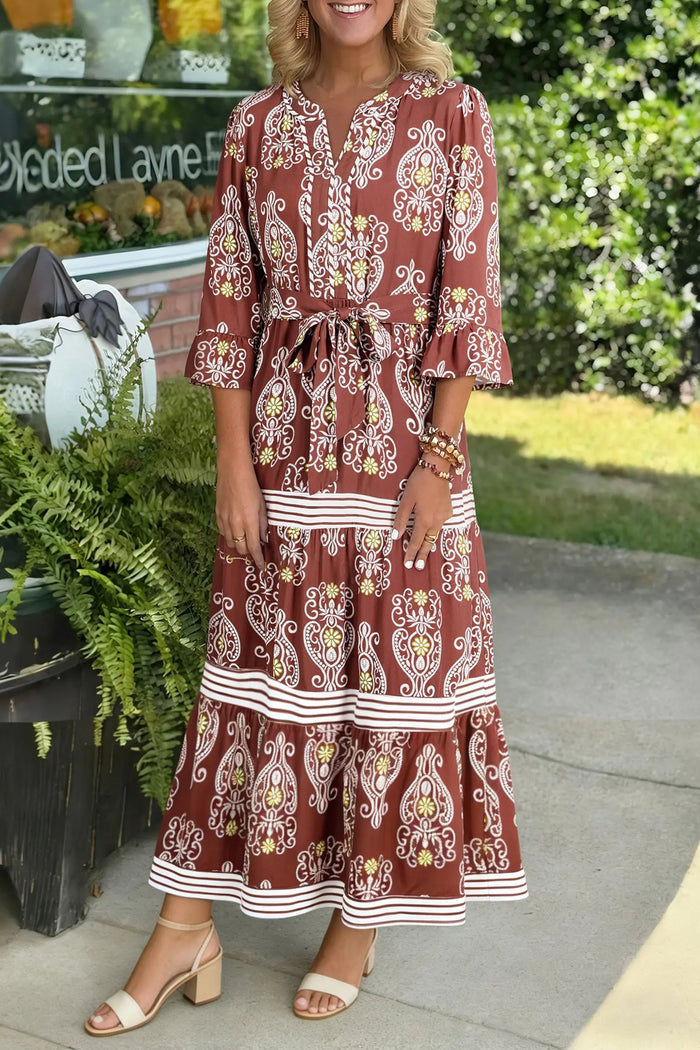 Floral Print Belted Striped Trim Tiered Maxi Dress - Brown / S - Dresses/Maxi Dresses
