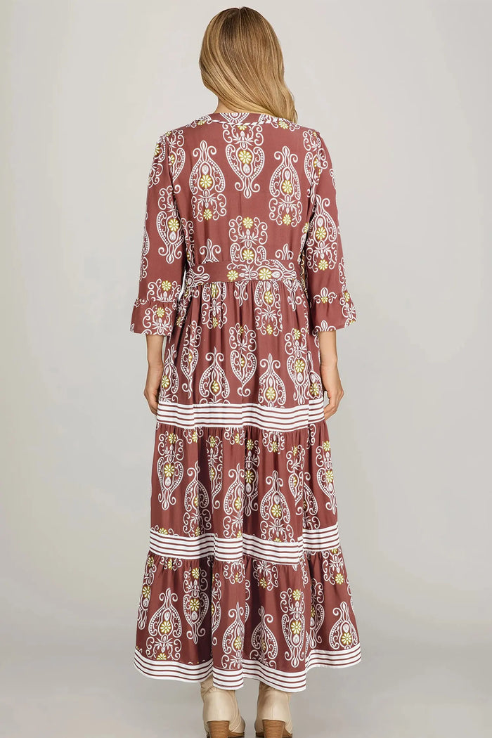 Floral Print Belted Striped Trim Tiered Maxi Dress - Dresses/Maxi Dresses