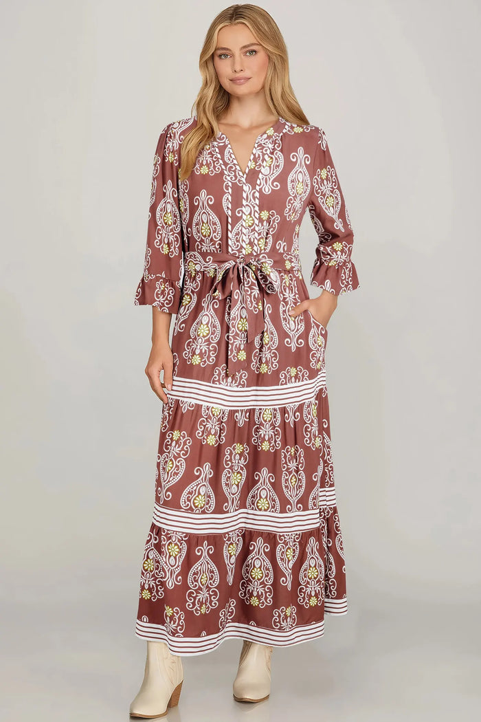 Floral Print Belted Striped Trim Tiered Maxi Dress - Dresses/Maxi Dresses