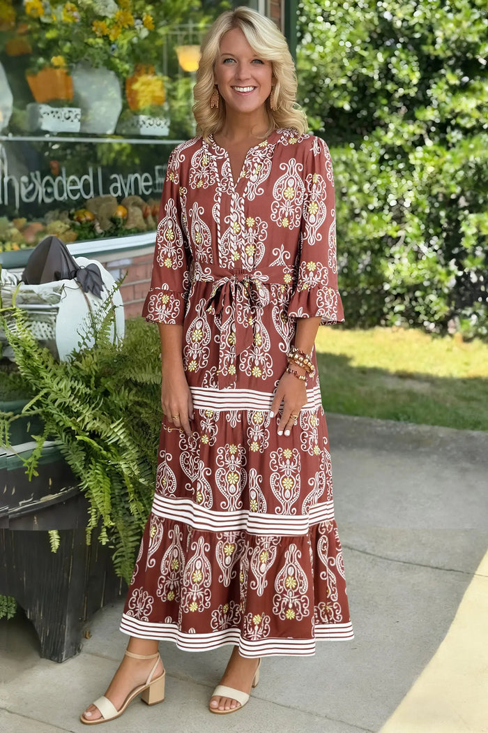 Floral Print Belted Striped Trim Tiered Maxi Dress - Dresses/Maxi Dresses