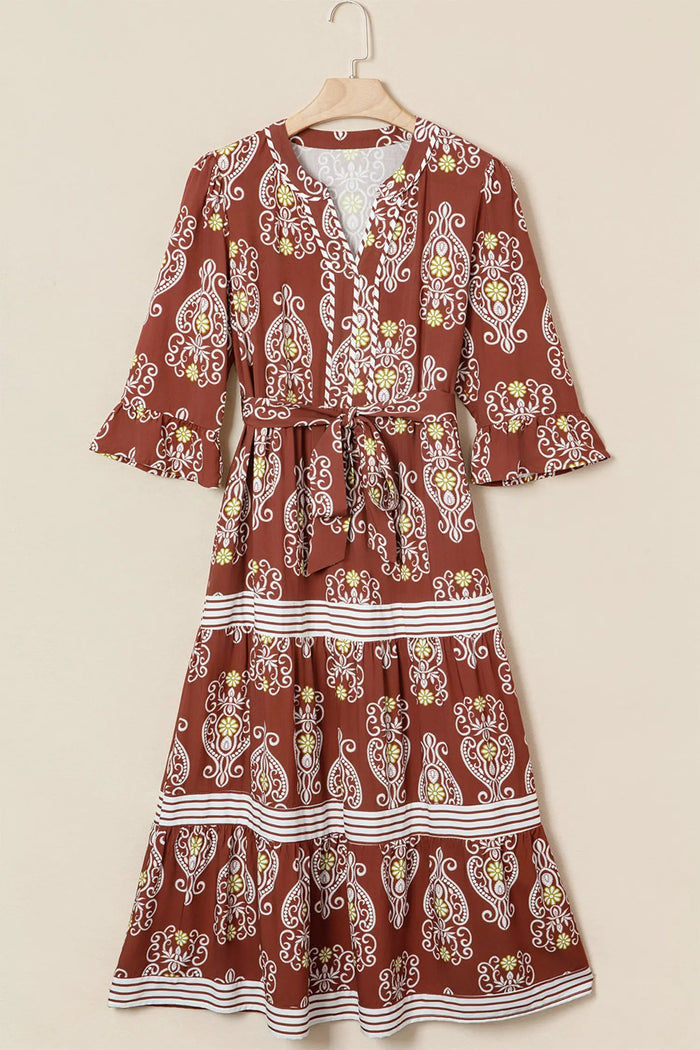 Floral Print Belted Striped Trim Tiered Maxi Dress - Dresses/Maxi Dresses