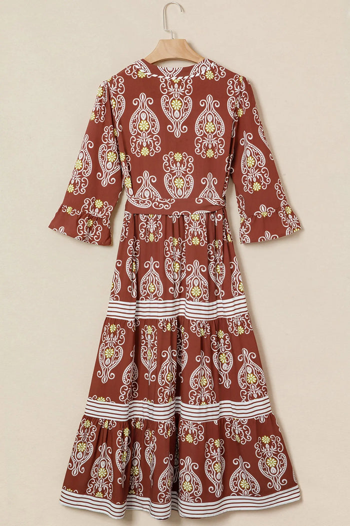 Floral Print Belted Striped Trim Tiered Maxi Dress - Dresses/Maxi Dresses