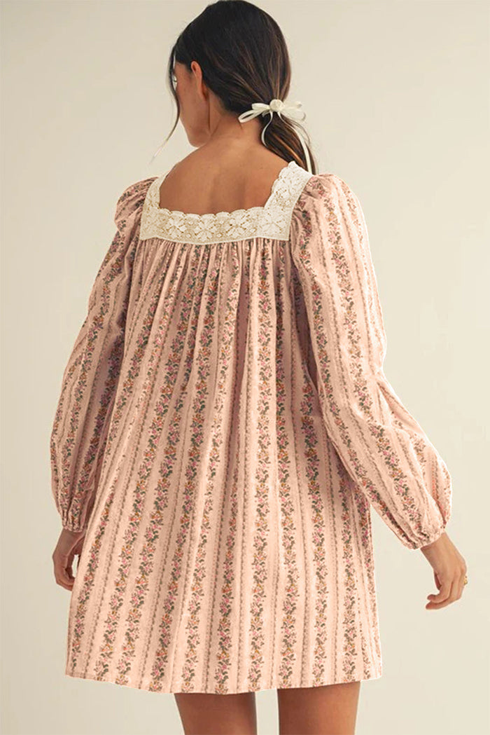Floral Print Contrast Velvet Bow Lace Patchwork Long Sleeve Loose Mini Dress - Dresses/Mini Dresses