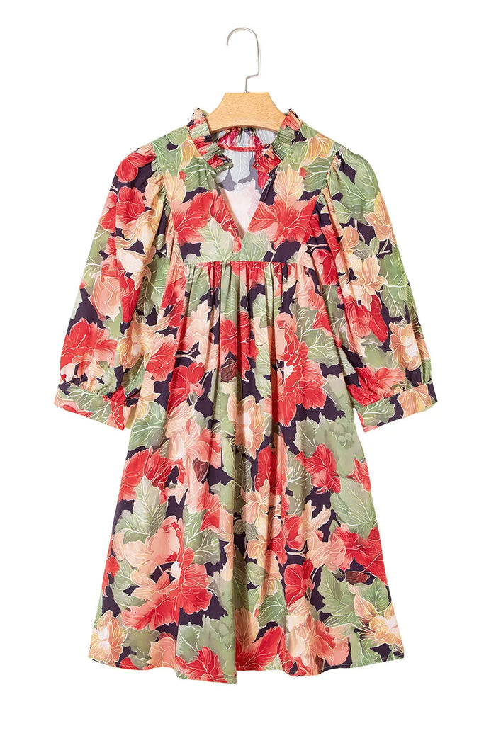 Floral Print Frilled Collar V-Neck Half Sleeve Mini Dress - Dresses/Floral Dresses