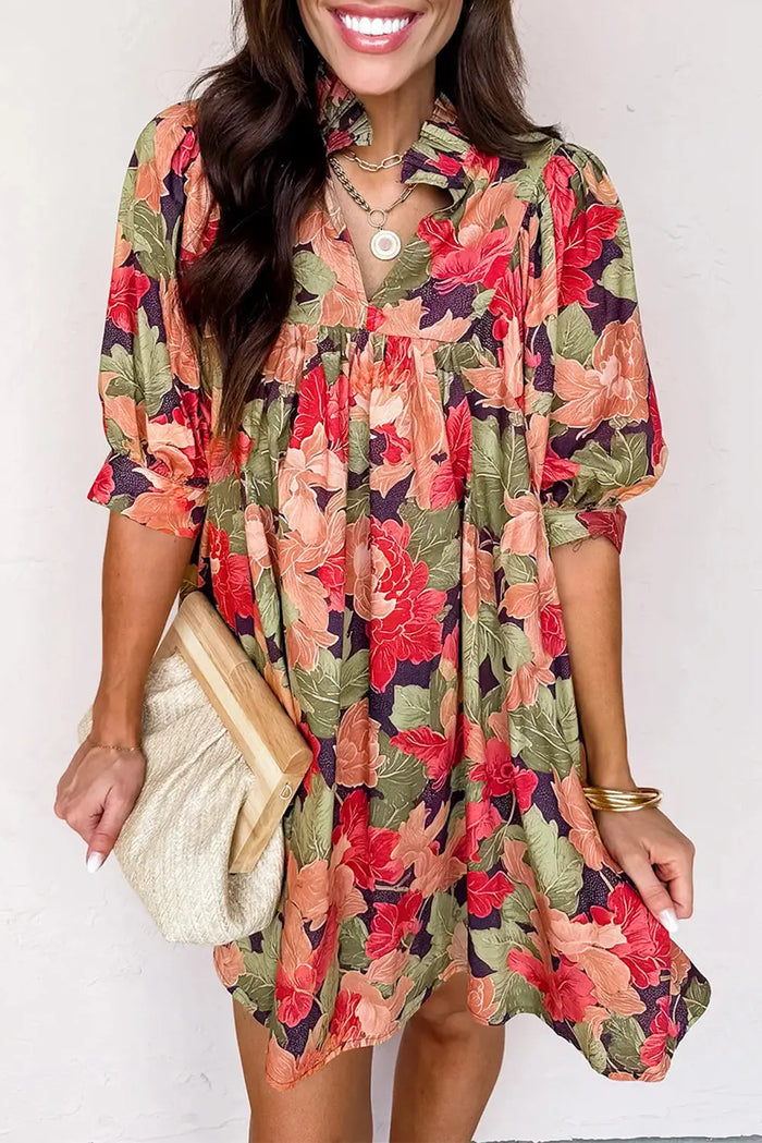 Floral Print Frilled Collar V-Neck Half Sleeve Mini Dress - Multicoloured / S - Dresses/Floral Dresses