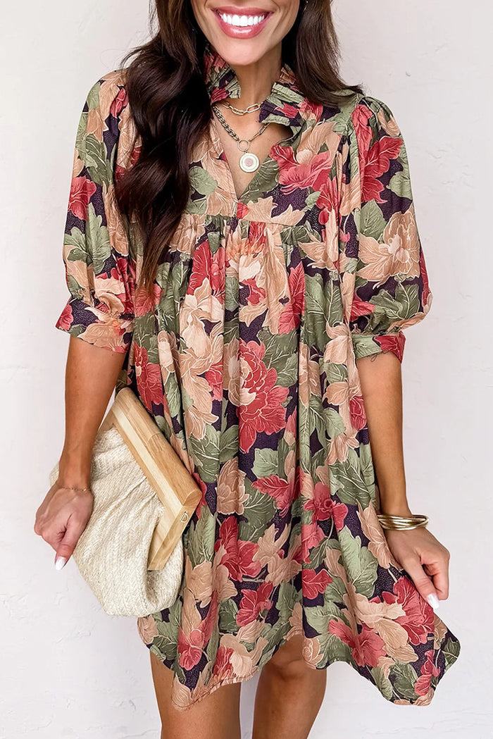 Floral Print Frilled Collar V-Neck Half Sleeve Mini Dress - Dresses/Floral Dresses