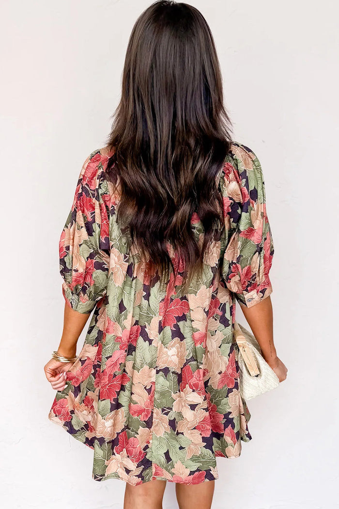 Floral Print Frilled Collar V-Neck Half Sleeve Mini Dress - Dresses/Floral Dresses