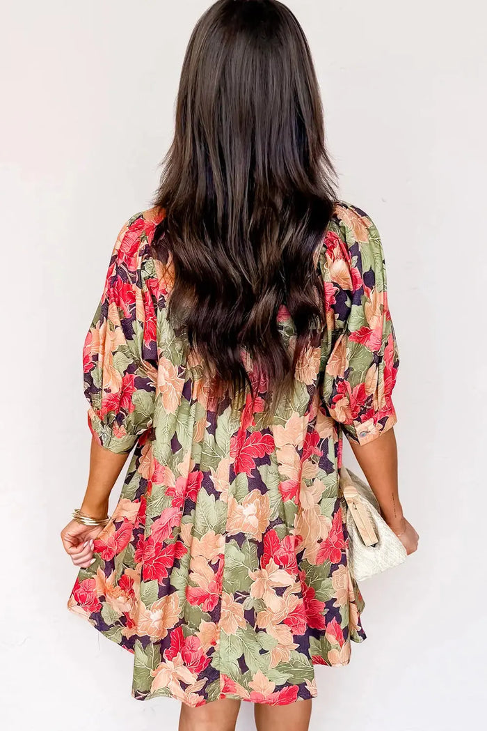 Floral Print Frilled Collar V-Neck Half Sleeve Mini Dress - Dresses/Floral Dresses
