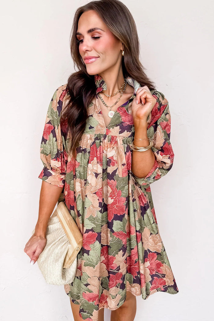 Floral Print Frilled Collar V-Neck Half Sleeve Mini Dress - Dresses/Floral Dresses