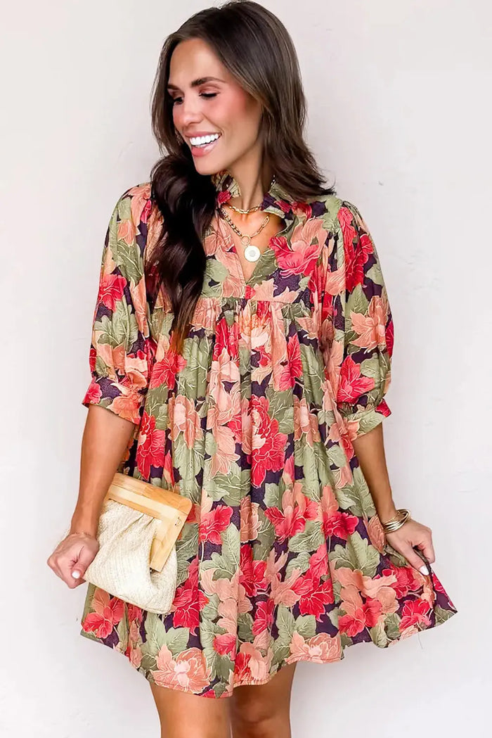 Floral Print Frilled Collar V-Neck Half Sleeve Mini Dress - Dresses/Floral Dresses