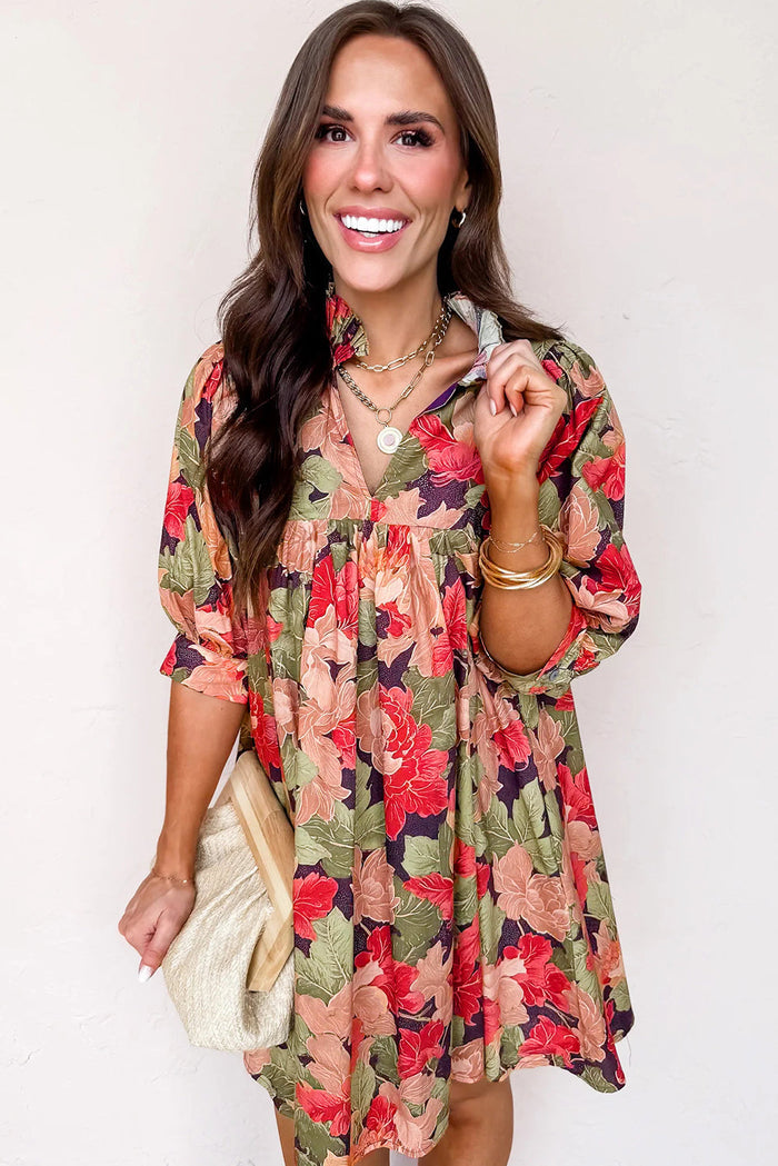 Floral Print Frilled Collar V-Neck Half Sleeve Mini Dress - Dresses/Floral Dresses