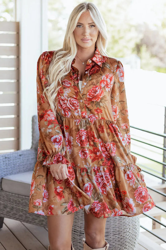 Floral Print Shirt Style Half Button Long Sleeve Ruffle Mini Dress - Brown / S - Dresses/Floral Dresses