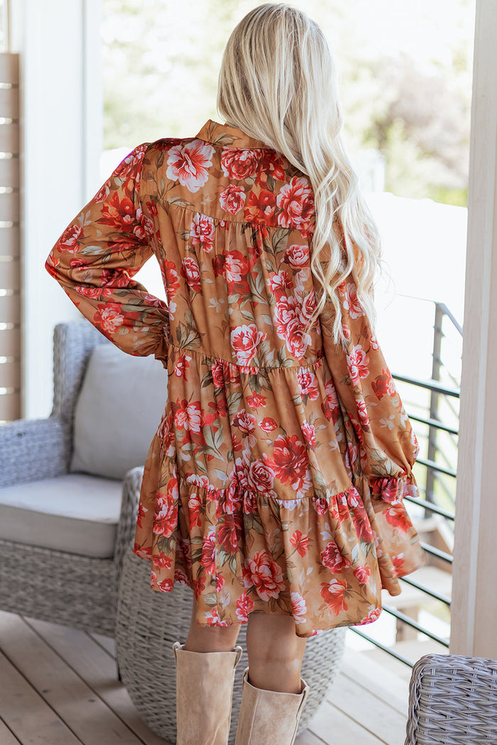 Floral Print Shirt Style Half Button Long Sleeve Ruffle Mini Dress - Dresses/Floral Dresses