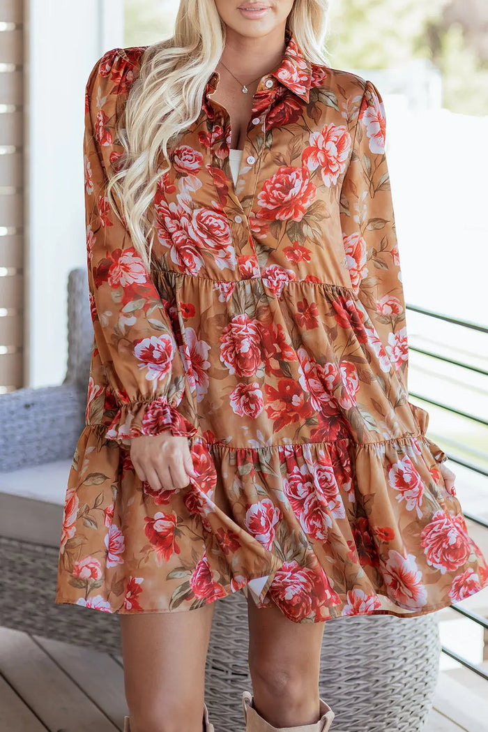 Floral Print Shirt Style Half Button Long Sleeve Ruffle Mini Dress - Dresses/Floral Dresses
