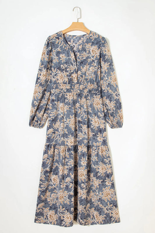 Floral Print Smocked Long Sleeve Maxi Dress - Dresses/Maxi Dresses