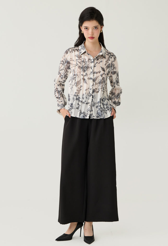 Floral Toile Sheer Button-Down Blouse