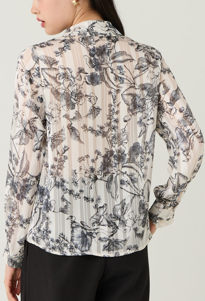 Floral Toile Sheer Button-Down Blouse